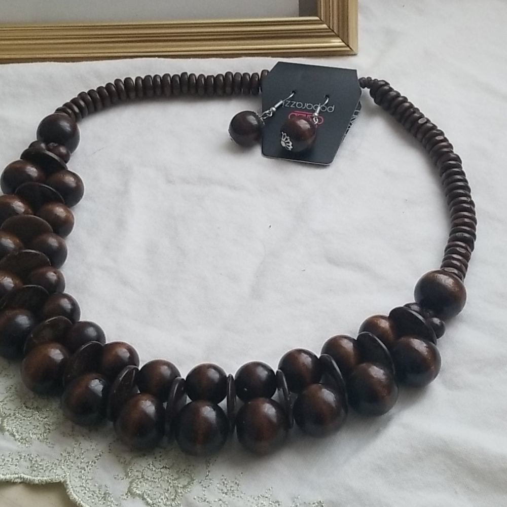 Brown Wood Necklace and Drop Earrings Set
